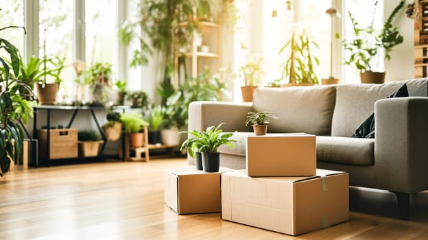 moving boxes in modern living room. Lots of bright light filling area and plants. Light beech floors