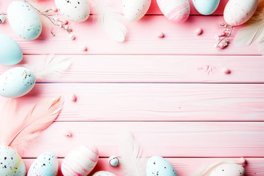 Banner. Easter frame with eggs and feathers on a pink wooden background.
