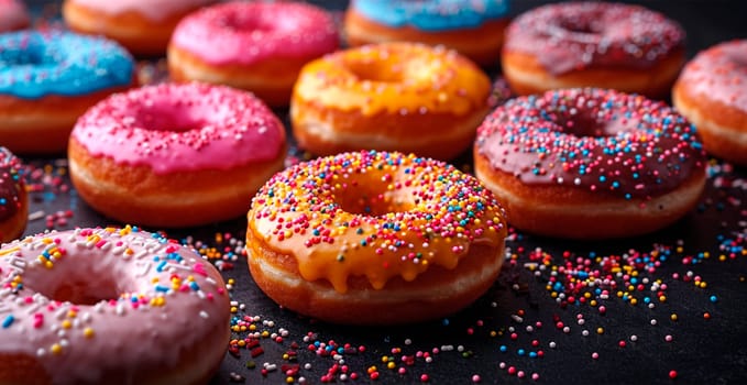 Multi-colored donuts, delicious snack AI generated image