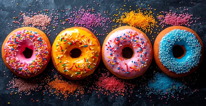 Multi-colored donuts, delicious snack AI generated image