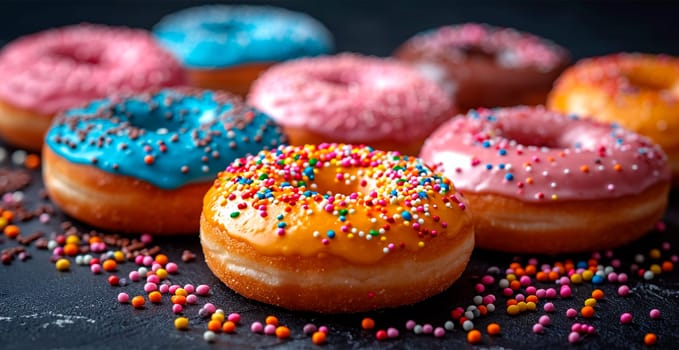 Multi-colored donuts, delicious snack AI generated image