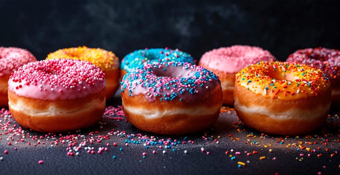Multi-colored donuts, delicious snack AI generated image