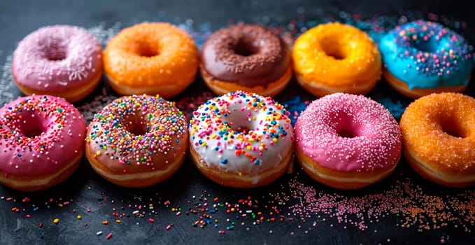 Multi-colored donuts, delicious snack AI generated image