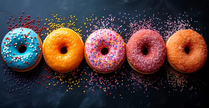 Multi-colored donuts, delicious snack AI generated image