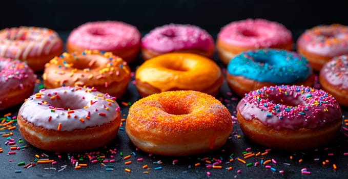 Multi-colored donuts, delicious snack AI generated image
