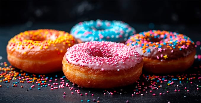 Multi-colored donuts, delicious snack AI generated image
