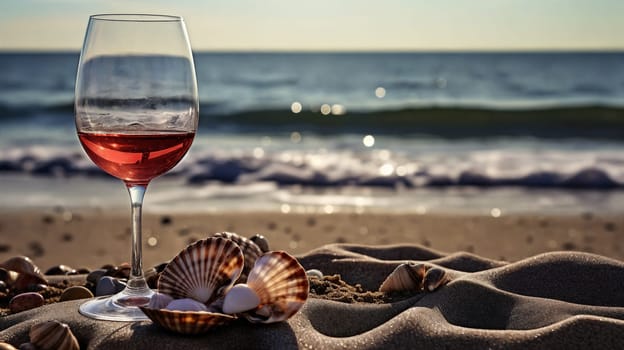 Glass of wine on the beach at sunset. Generative AI