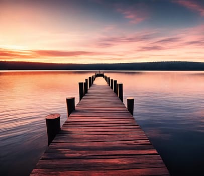 A vibrant sunset paints the sky over a serene lake, casting a radiant glow on a peaceful wooden pier. Generative AI
