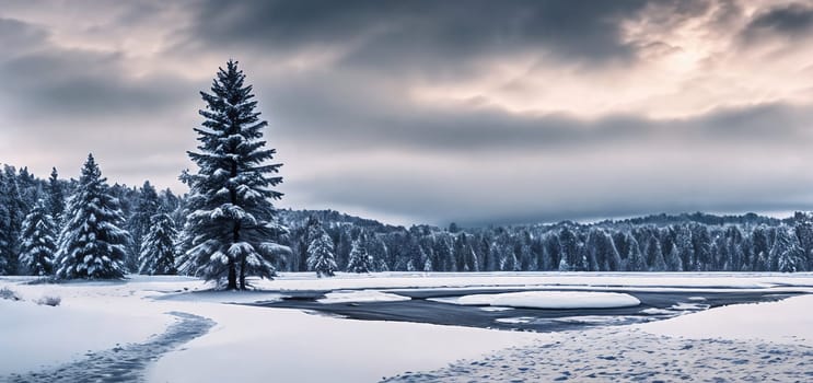 A serene winter landscape, picturesque panorama. Snow-covered landscapes, frost-covered trees, and wintery scenes. Generative