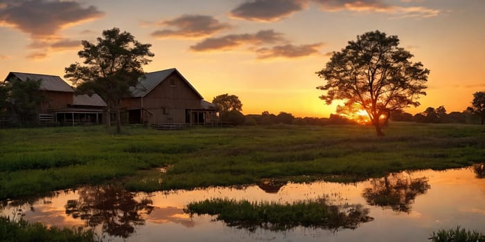 Wooden houses by a lowland river at sunset: Rustic charm tranquil waters reflect the golden sky. Nature's beauty at its finest. Generative AI.