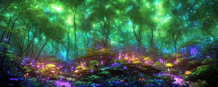 A mystical forest at night with luminescent plants and firefly-like creatures lighting up the scene. AI Generated