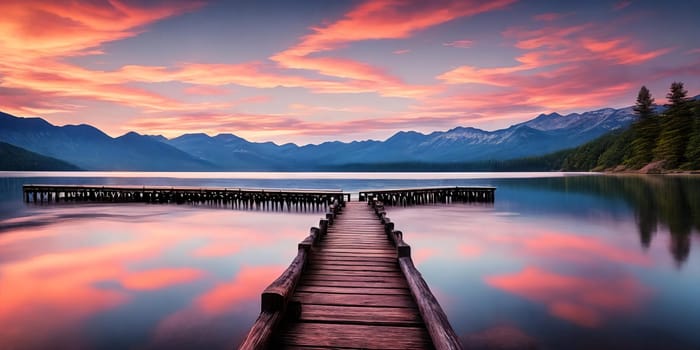 A vibrant sunset paints the sky over a serene lake, casting a radiant glow on a peaceful wooden pier. Generative AI