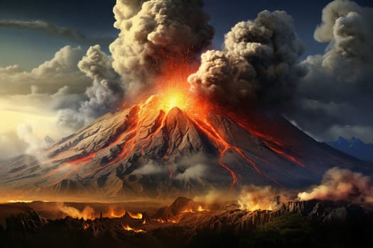 A majestic volcano spewing lava, dark plumes rising against a fiery sky. Landscape transformed in the wake of nature's fury. Generative AI.