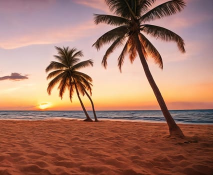 A sunset paints the sky in hues of orange pink over a tranquil beach with a palm tree swaying gently. Waves kiss the shore. Generative AI.