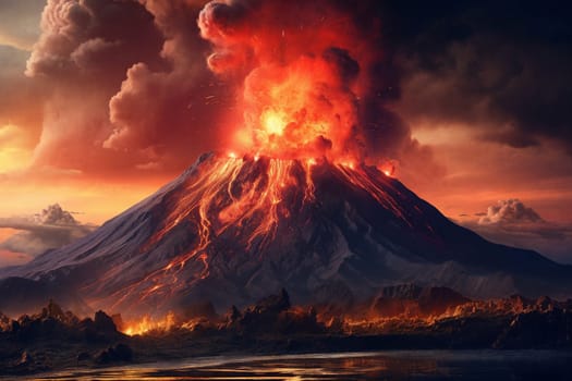 A majestic volcano spewing lava, dark plumes rising against a fiery sky. Landscape transformed in the wake of nature's fury. Generative AI.