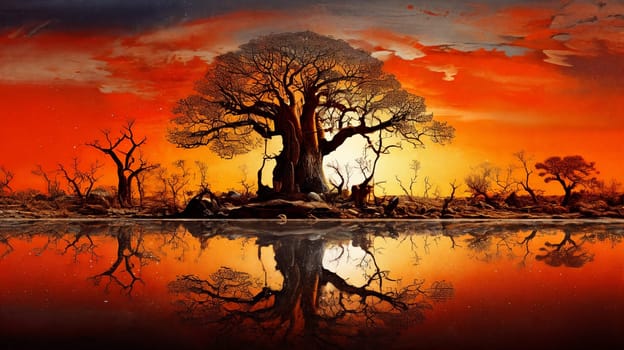 A majestic tree stands tall by the tranquil lake under a sunset sky. Panorama. Generative AI