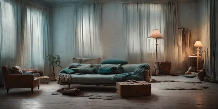 An abandoned house room bathed in the warm glow of sunset: dusty furniture, peeling wallpaper, light beams through dust windows. Generative AI