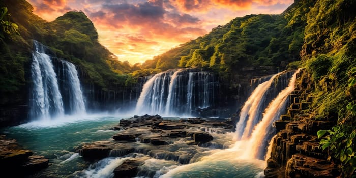 Fantasy landscape with waterfall at sunset, panorama.