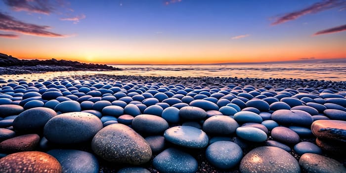 A serene pebble beach glows under the warm hues of the setting sun, casting long shadows as the waves gently caress the shoreline. Generative AI