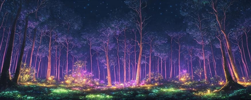 A mystical forest at night with luminescent plants and firefly-like creatures lighting up the scene. AI Generated