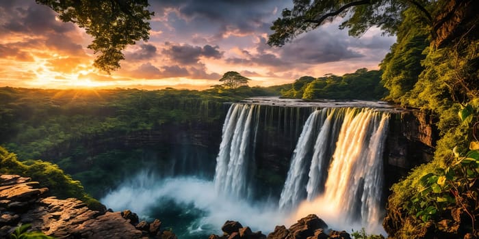 Fantasy landscape with waterfall at sunset, panorama.