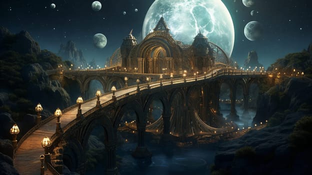 In the vast expanse of space, a magnificent bridge stretches, crafted with fantastical elements, connecting worlds unknown. Generative AI.