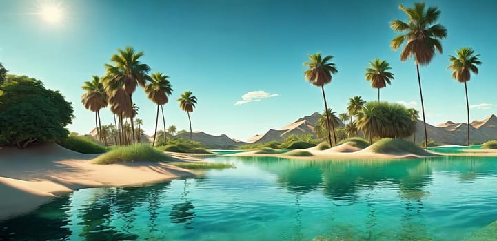 A hidden oasis in the desert with emerald-green waters, palm trees, and magical sand dunes that shift shape. AI Generated