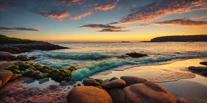 A serene pebble beach glows under the warm hues of the setting sun, casting long shadows as the waves gently caress the shoreline. Generative AI