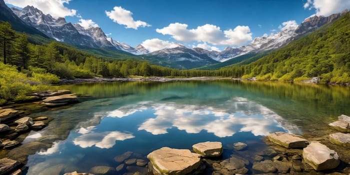 A breathtaking scene at dusk: a serene mountain forest by a glittering lake with a tent pitched. Generative AI