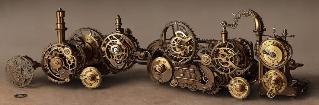 Steampunk Clockwork: An intricate mechanism blending gears, cogs, vintage brass elements, evoking Victorian-era technology. Think of a fusion between artistry functionality in a time-worn machine. Generative AI