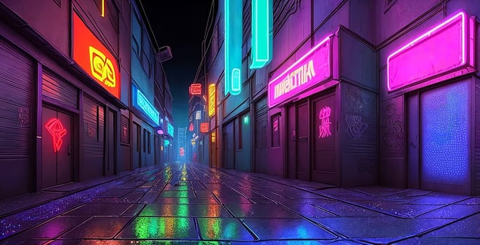 In a cyberpunk alley, neon signs cast a gritty glow on holographic graffiti, rain-soaked pavement glistens under ominous skies.