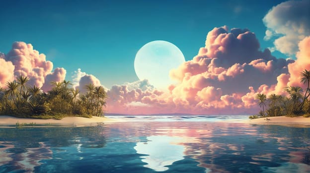 Fantasy planet with sea on foreground, palm tree and moon on background