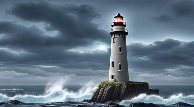 Haunted lighthouse on rocky coast: stormy skies, crashing waves, ghostly light from tower. Eerie atmosphere surrounds the spectral beacon.