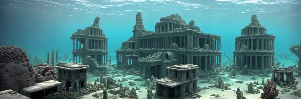Discover the mystical depths of an Underwater Ruins. Submerged buildings, coral-covered columns, schools of exotic fish glide through the streets. Dive into the enchanting remnants of a lost city. Generative AI.