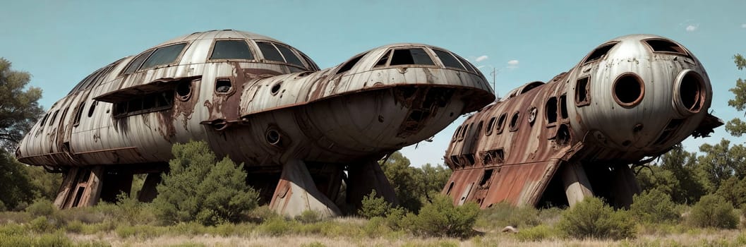 An abandoned spaceship on an alien planet, rusted metal, broken windows, overgrown vegetation reclaim the vessel. A scene of desolation and nature's triumph. Generative AI.