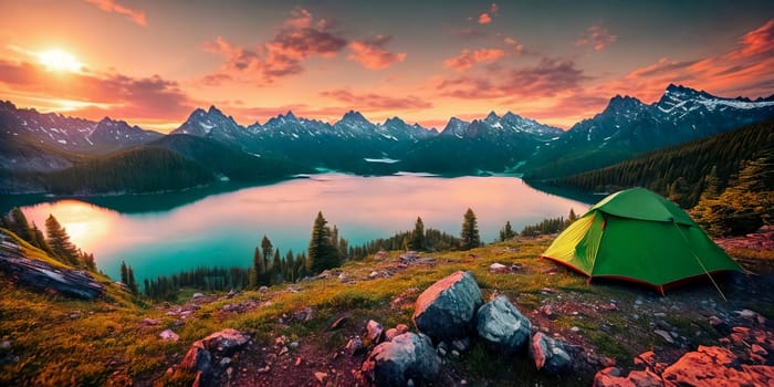 A breathtaking scene at dusk: a serene mountain forest by a glittering lake with a tent pitched. Generative AI