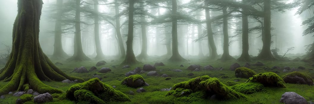 Welcome to the Mystical Forest Ancient trees cloaked in mist, moss-covered rocks, light filtering through the foliage. Discover enchantment in every corner of this ethereal realm. Generative AI.