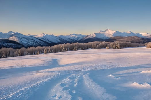A serene winter landscape, picturesque panorama. Snow-covered landscapes, frost-covered trees, and wintery scenes. Generative