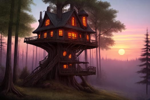 A stunning old treehouse nestled in the lush forest. Generative AI.