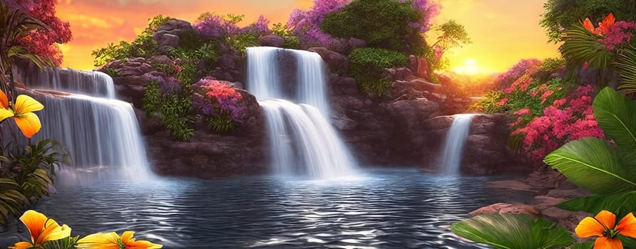 Fantasy landscape with waterfall at sunset, panorama.