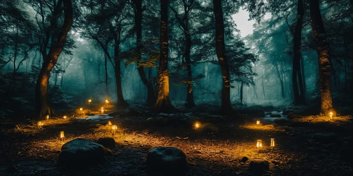 Moonlit Forest Glade. Amidst ancient trees, a moonbeam illuminates a hidden glade. Dew-kissed mushrooms glow softly, and fireflies dance in the night. Ethereal beauty of this mystical meeting place.