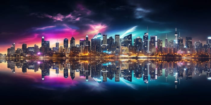 Vibrant city skyline reflecting on calm waters at night . Generative AI