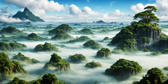 Floating Isles. Above a sea of clouds, islands drift like dreamscapes. Each is a miniature world, lush forests, waterfalls, and floating gardens. The sky holds its breath, and rainbows weave through the mist.