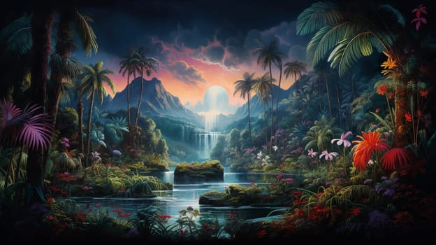 Fantasy landscape with waterfalls at sunset, panorama. Generative AI