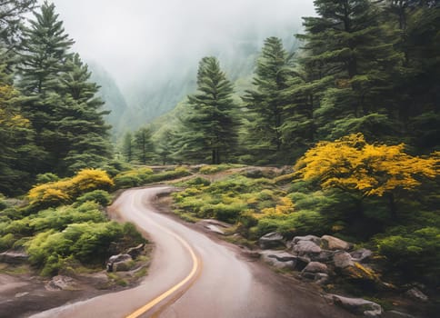 A serpentines through thick fog in the high mountain forest, mysterious and enchanting, with trees looming like ghosts in the mist. Generative AI.