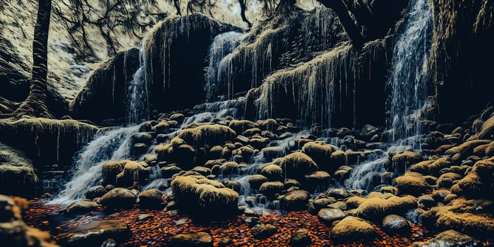 Enchanted Waterfall. A waterfall cascades down moss-covered rocks, revealing a secret grotto behind its veil. Crystal-clear water sparkles with hints of magic, and colorful flowers bloom along the banks.