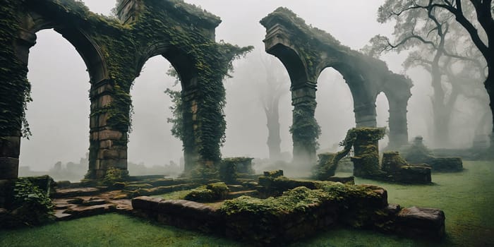 Mist-Clad Ruins. The remnants of an ancient castle, shrouded in mist. Ivy-clad walls crumble gracefully, and forgotten statues guard the entrance.