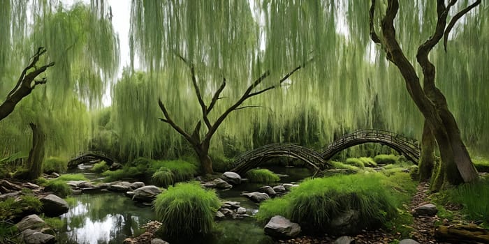 Whispering Willow Grove. Beneath ancient willow trees, their long branches trailing in a silver river, tiny doors appear. Fairies, sprites, and woodland creatures gather here, sharing secrets and laughter.