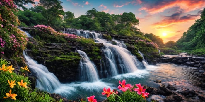 Fantasy landscape with waterfall at sunset, panorama.