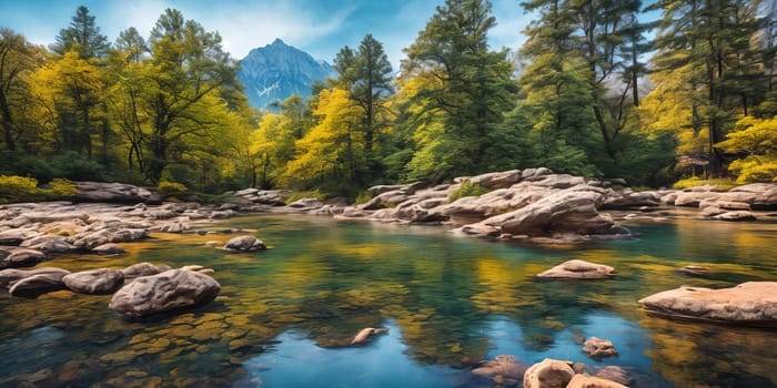 A tranquil mountain river mirrors towering peaks on a clear day, its calm waters reflecting the beauty of the majestic scenery. Generative AI.